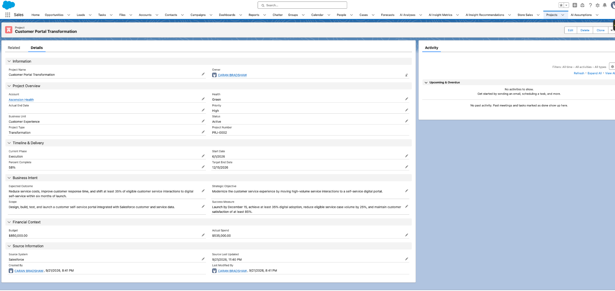 A Salesforce Project record, Customer Portal Transformation, showing project overview, timeline and delivery, business intent with strategic objective, expected outcome and success measures, and financial context